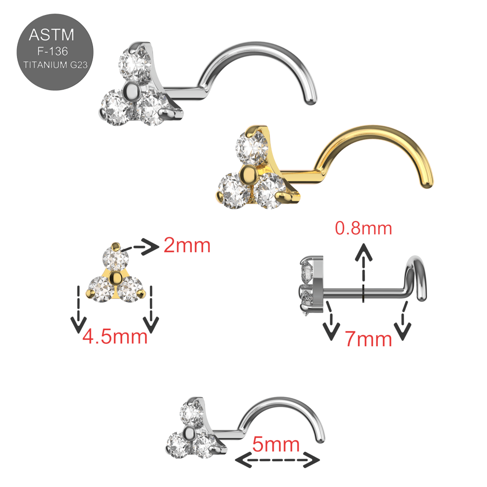 G23 Titanium Tri CZ Jewelled Nose Screw