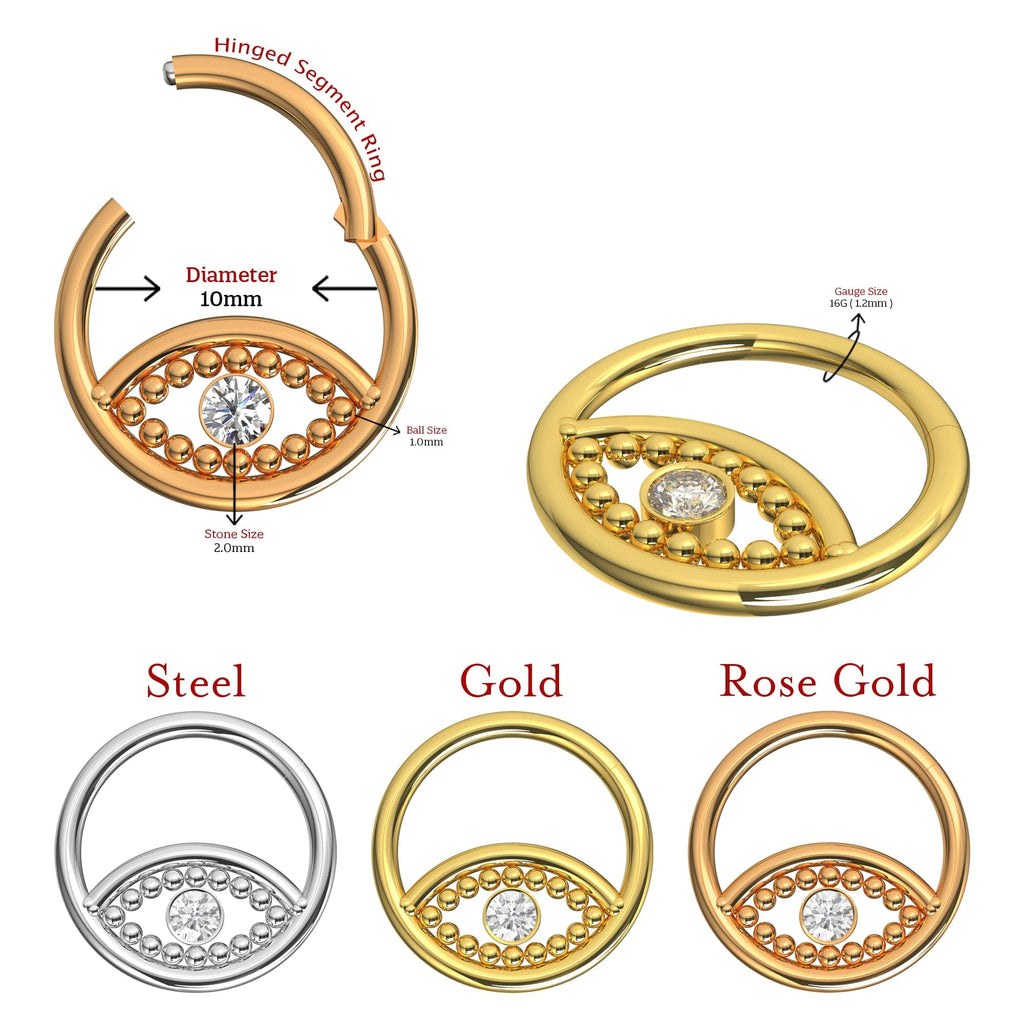 316L Surgical Steel Cubic Zirconia Jewelled Eye Hinged Segment Clicker Ring