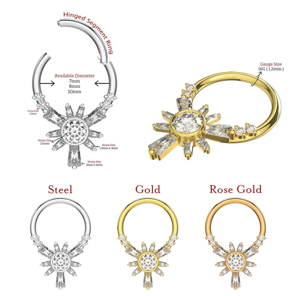 316L Surgical Steel Cubic Zirconia Jewelled Hinged Segment Clicker Ring
