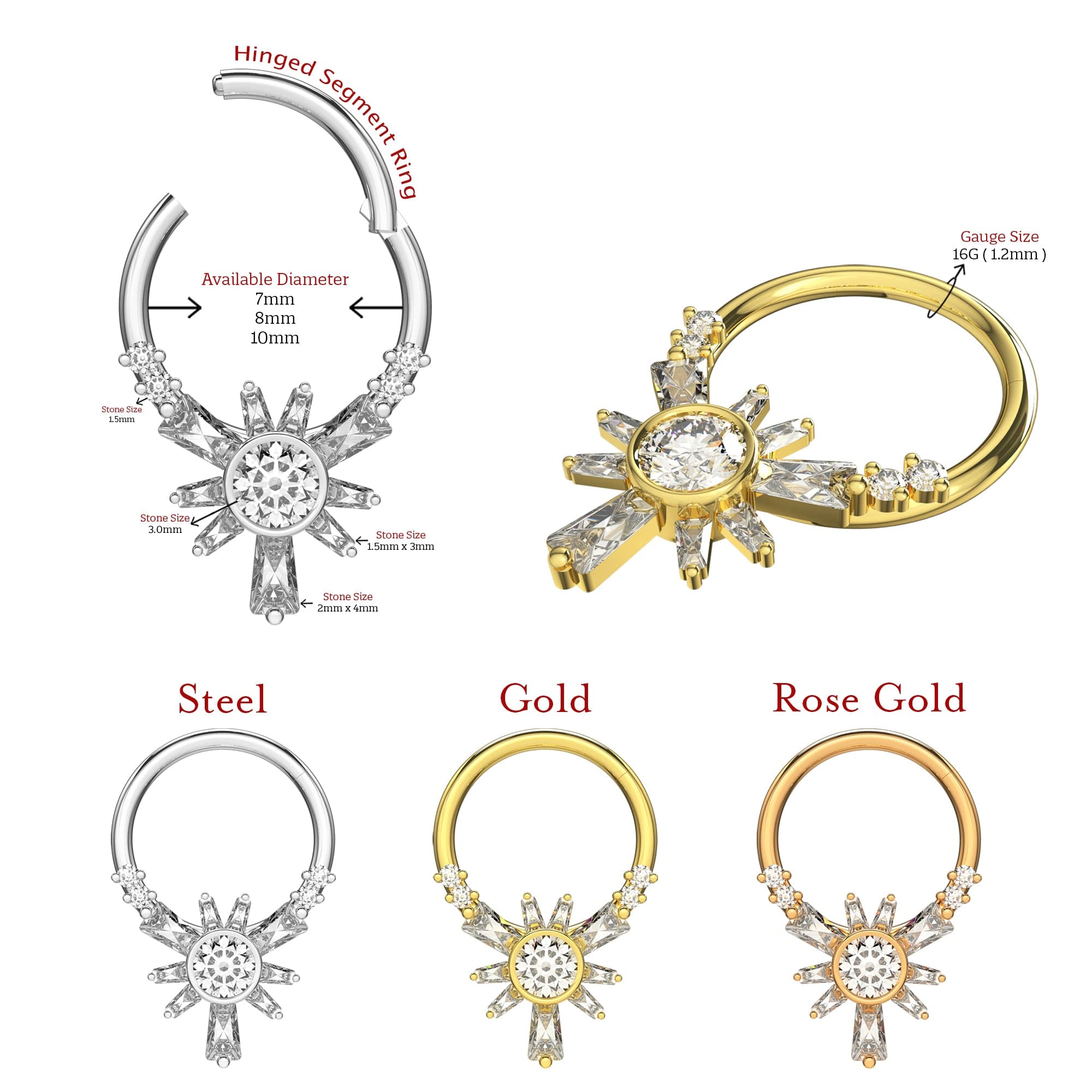 316L Surgical Steel Cubic Zirconia Jewelled Hinged Segment Clicker Ring