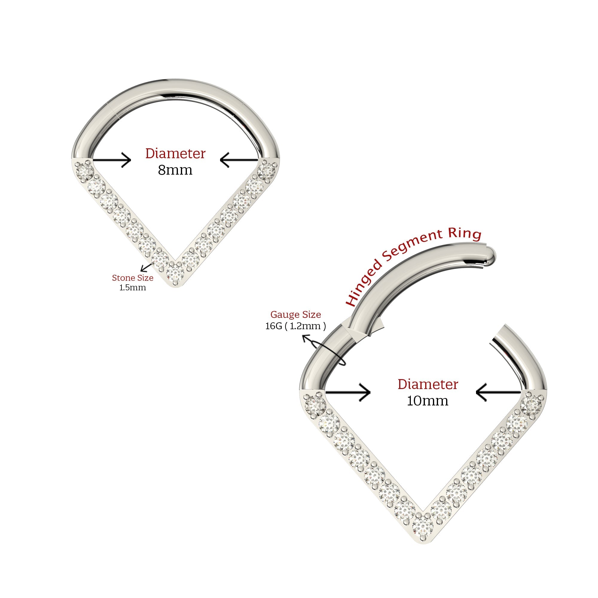 G23 Titanium CZ Jewelled V Shape Hinged Segment Clicker Ring