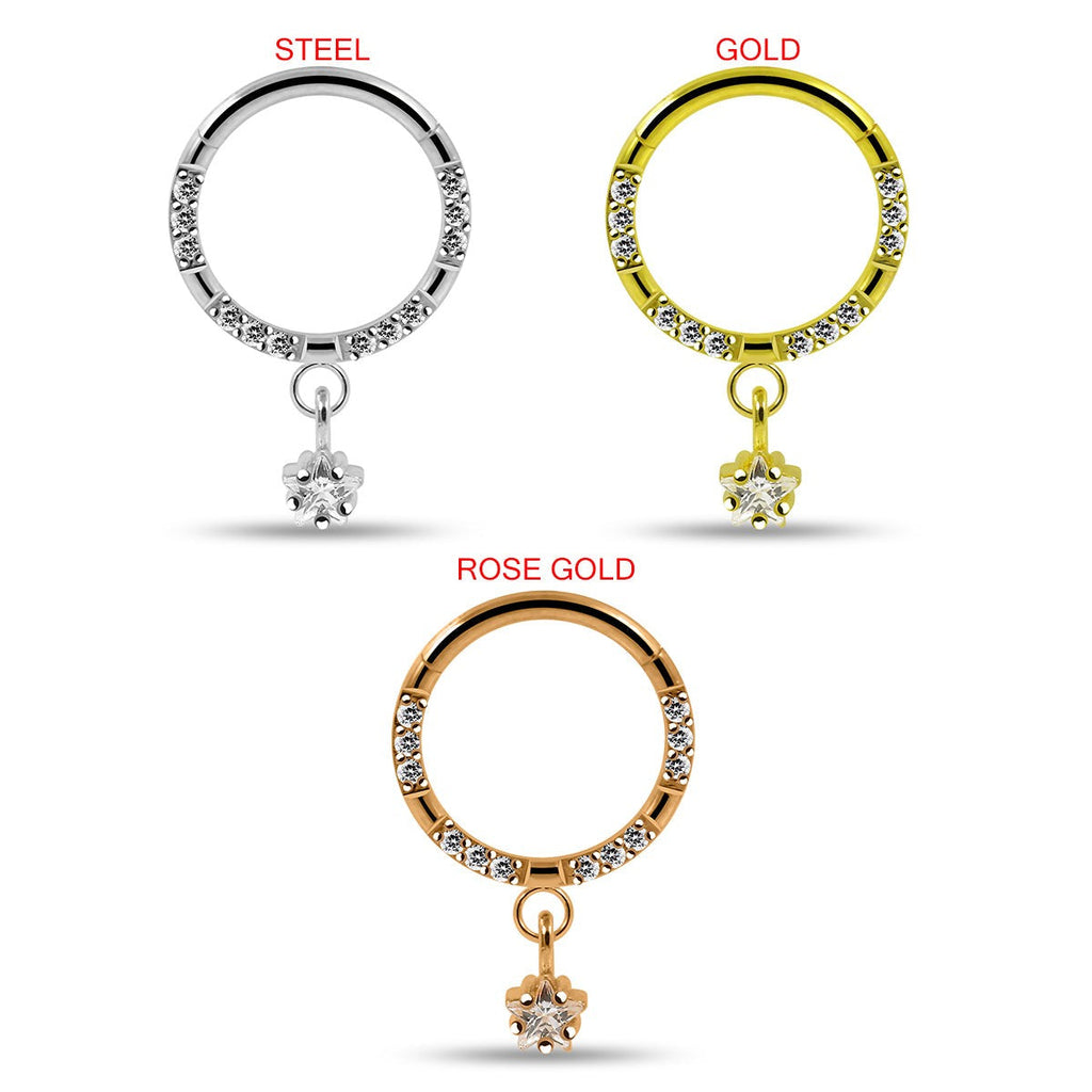 316L Surgical Steel CZ Jewelled Dangling Star Hinged Segment Clicker Hoop