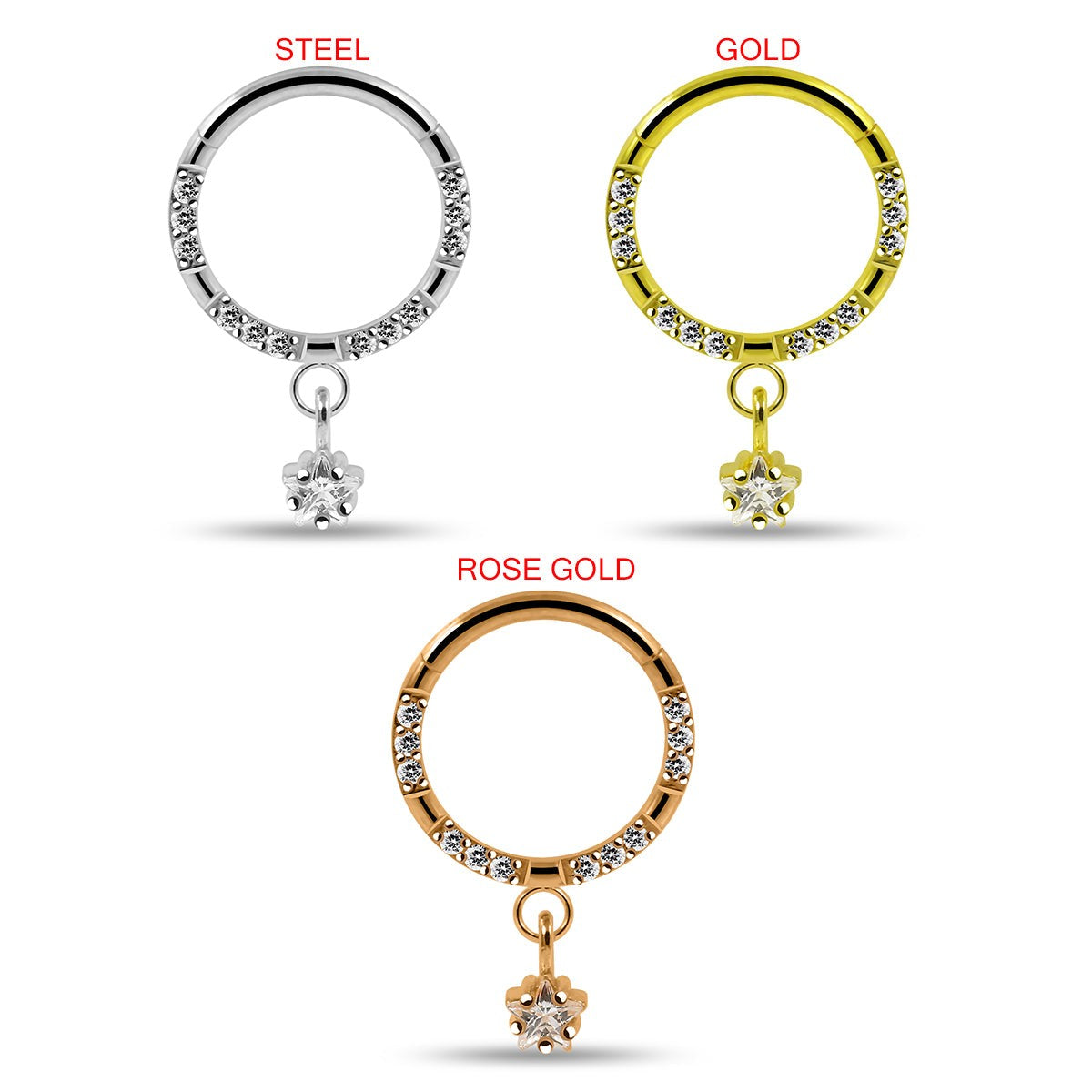 316L Surgical Steel CZ Jewelled Dangling Star Hinged Segment Clicker Hoop