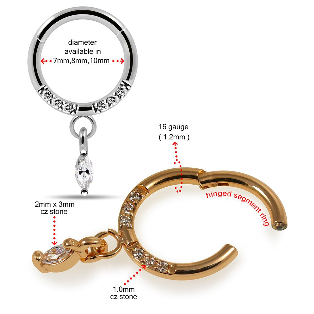 316L Surgical Steel CZ Jewelled Dangling Marquise Hinged Segment Clicker