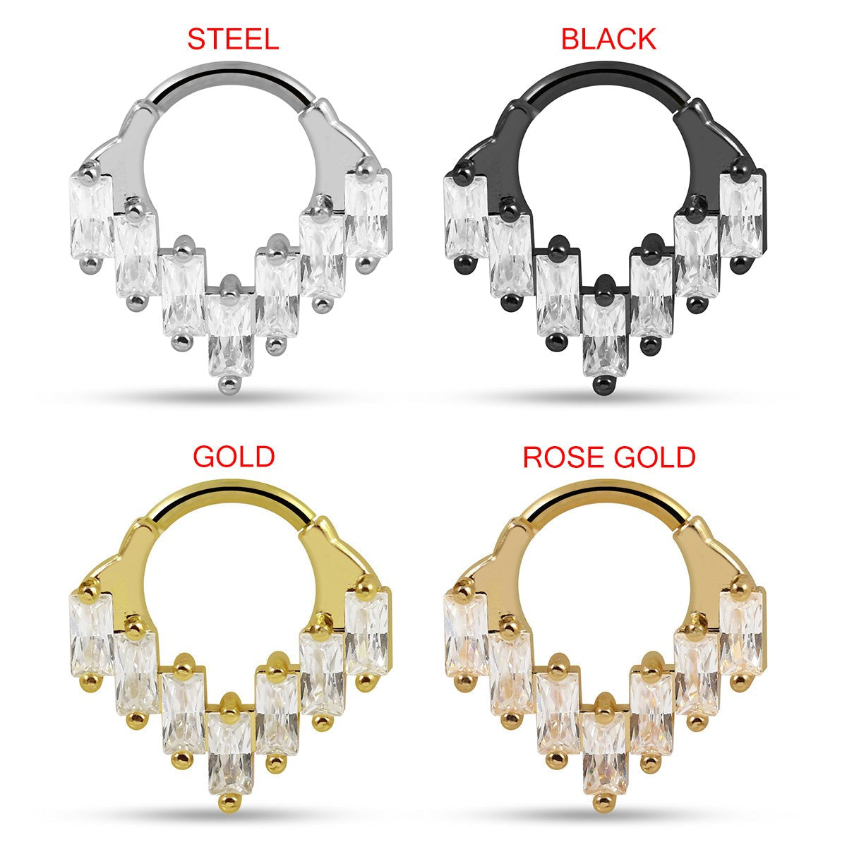 316L Surgical Steel Multi CZ Jewelled Chandelier Style Hinged Segment Clicker Ring
