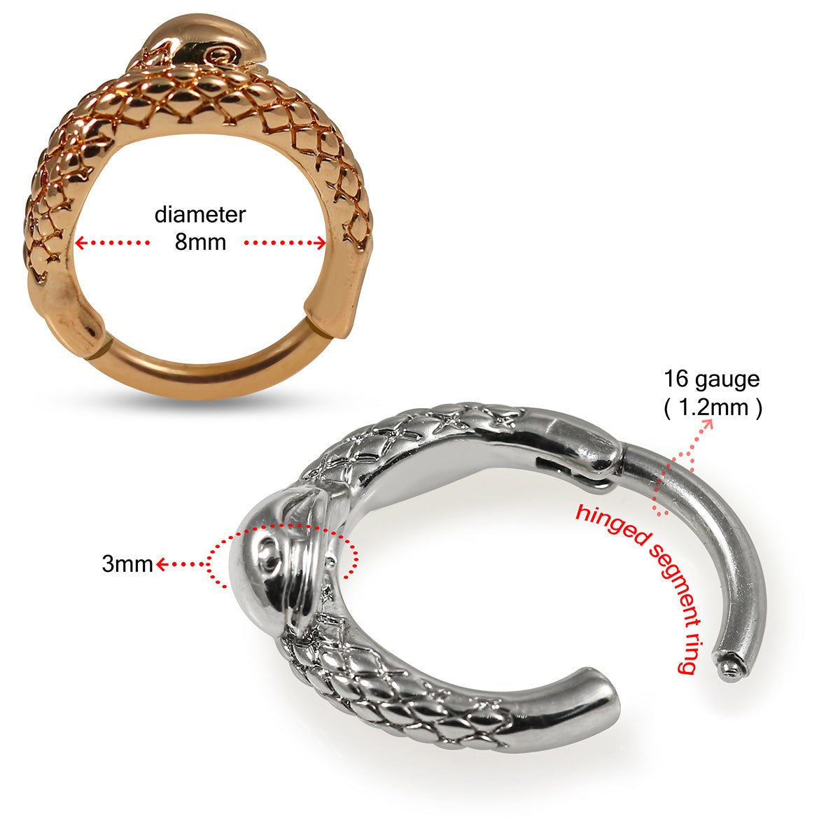 316L Surgical Steel Snake Hinged Segment Clicker Ring
