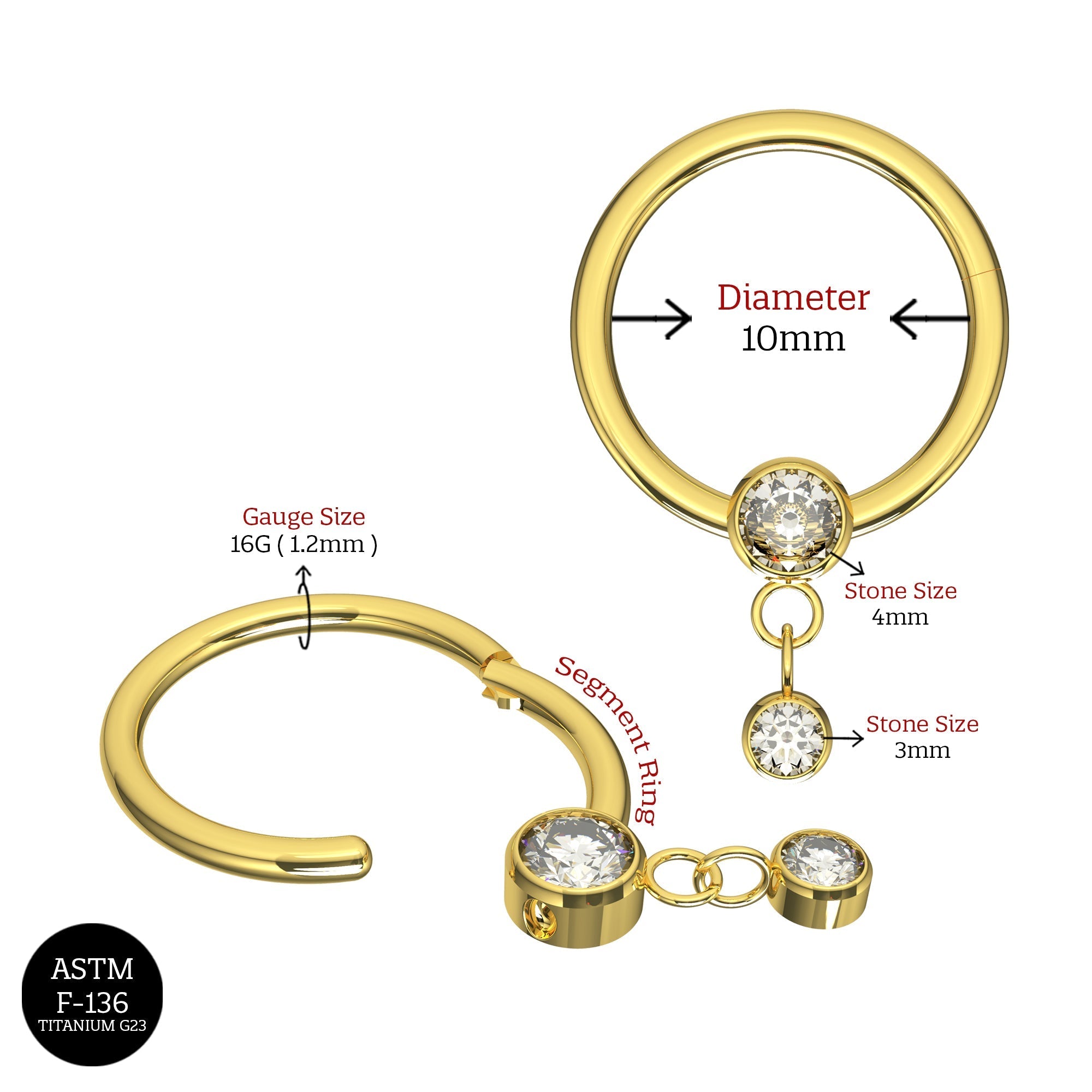 G23 Titanium Dangling CZ Jewelled Hinged Segment Clicker Ring