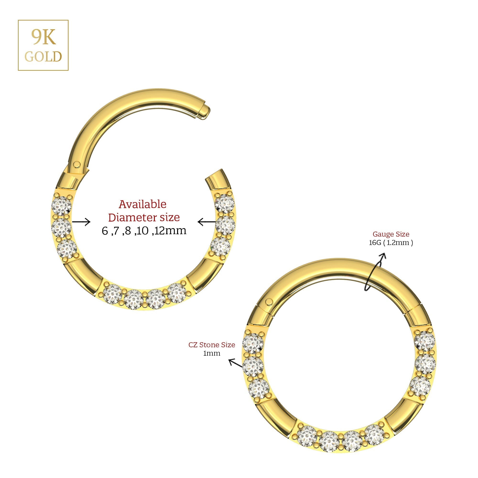 9K Gold Cubic Zirconia Hinged Segment Clicker Ring
