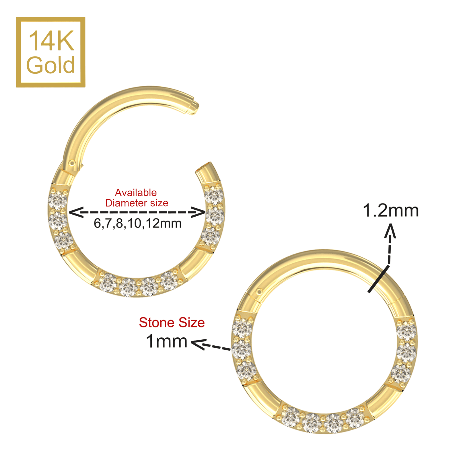 14K Gold Hinged Elegant Multi CZ Pave Segment Clicker Ring