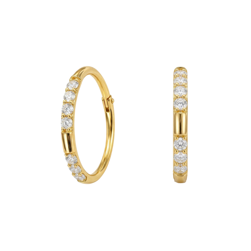 14K Gold CZ Grooved Edge Hinged Clicker Earrings Pair