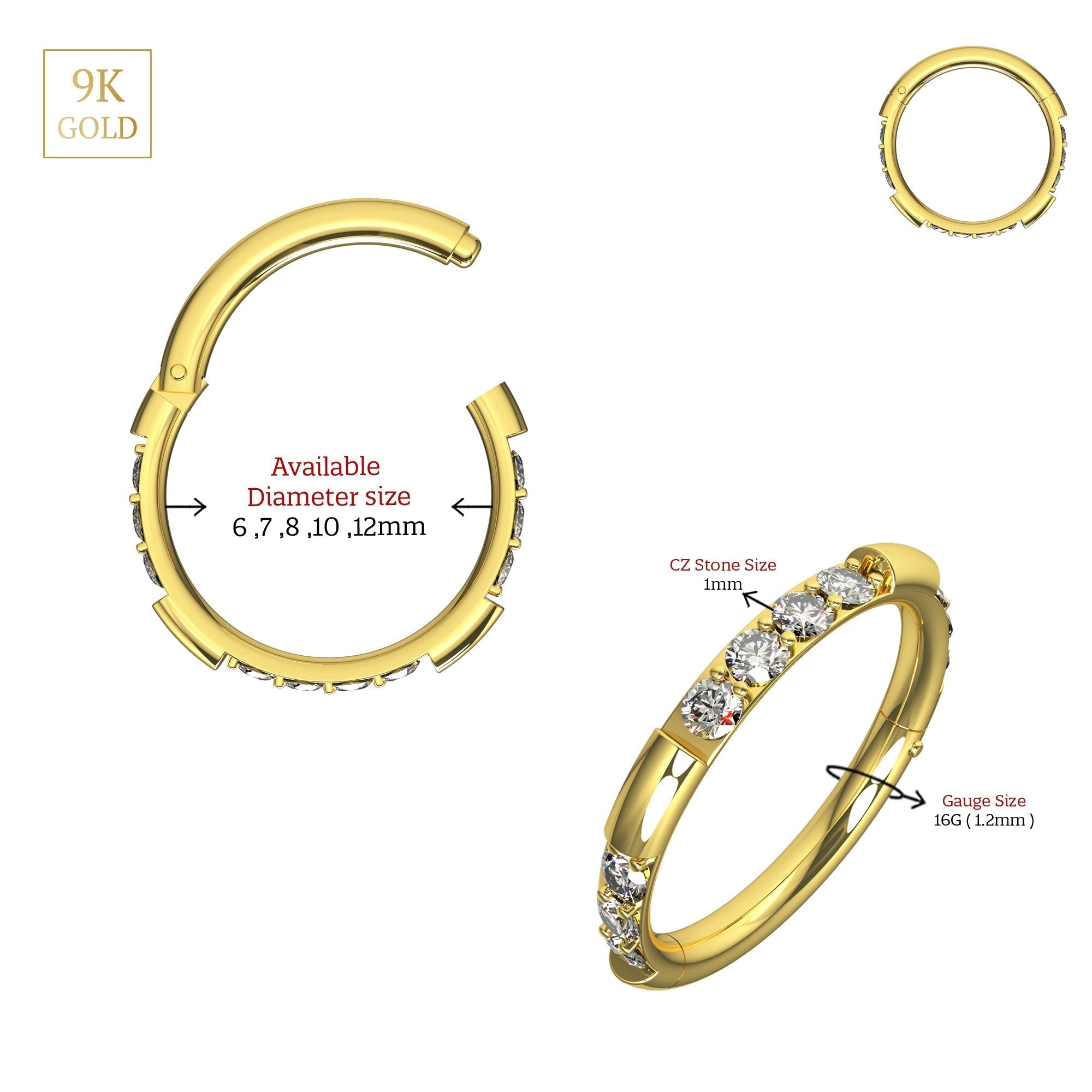 9K Gold Hinged Multi CZ Pave Hinged Segment Clicker