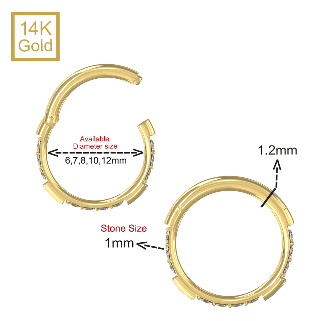 14K Gold CZ Grooved Edge Hinged Clicker Earrings Pair