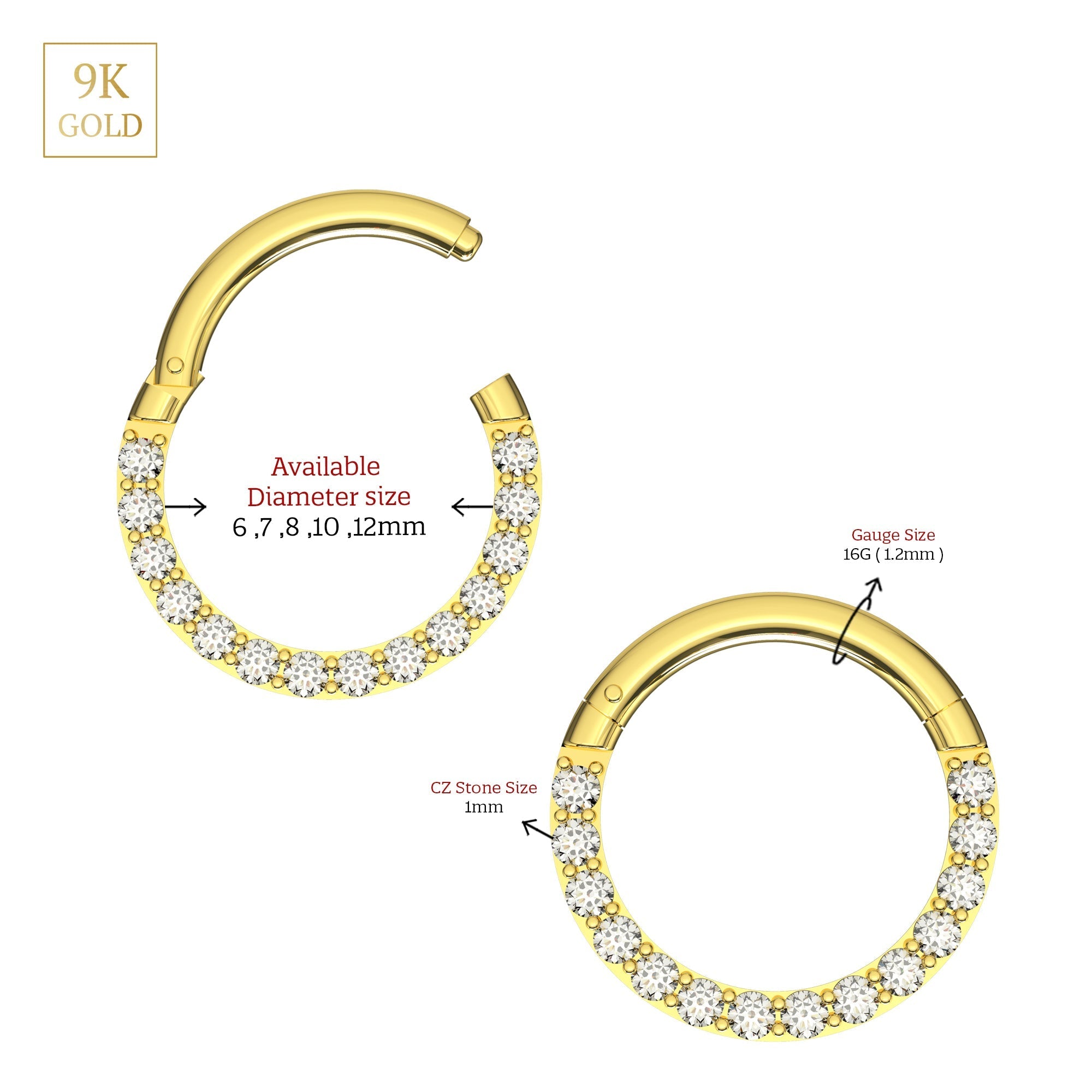 9K Gold Continuous Cubic Zirconia Hinged Segment Clicker Ring