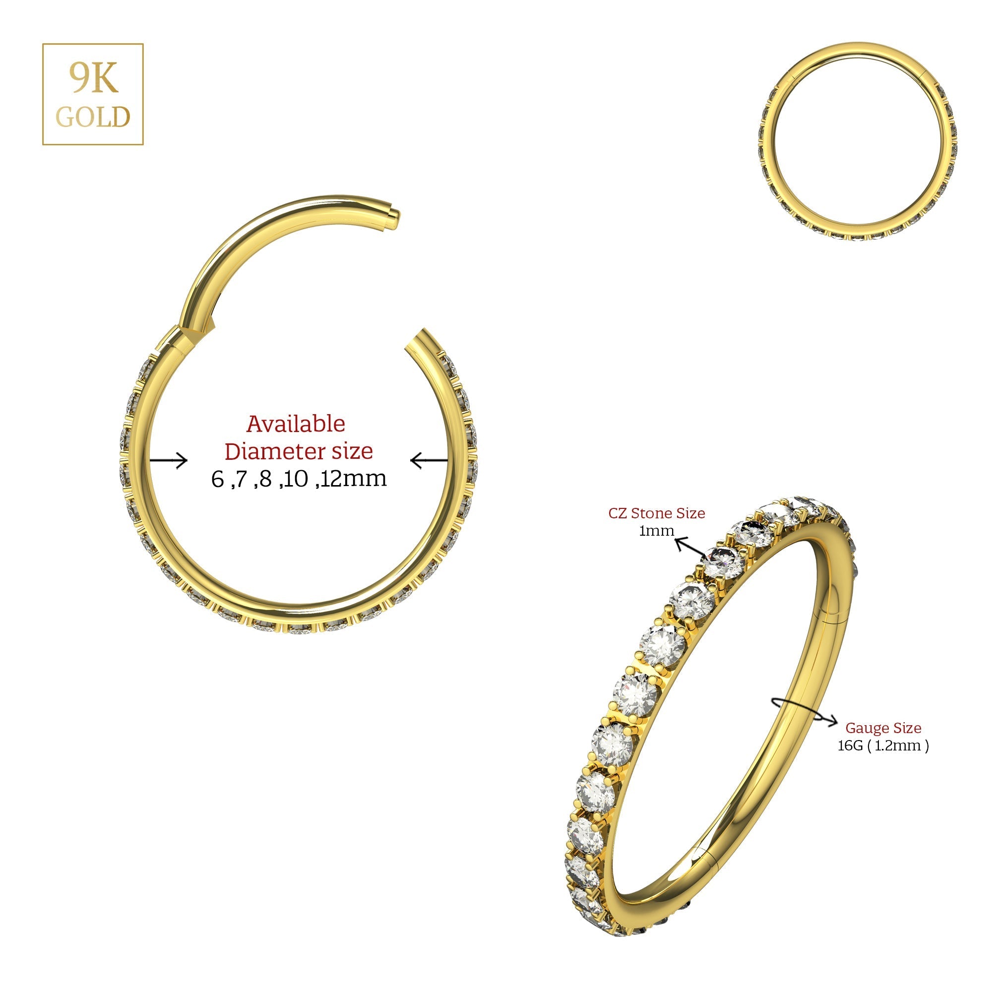9K Gold Continuous Cubic Zirconia Hinged Segment Clicker Ring