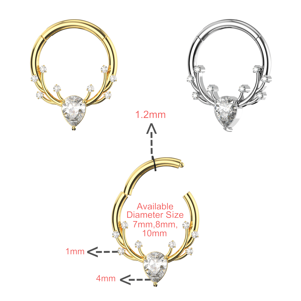 316L Surgical Steel CZ Jewelled Antler Hinged Segment Clicker Ring