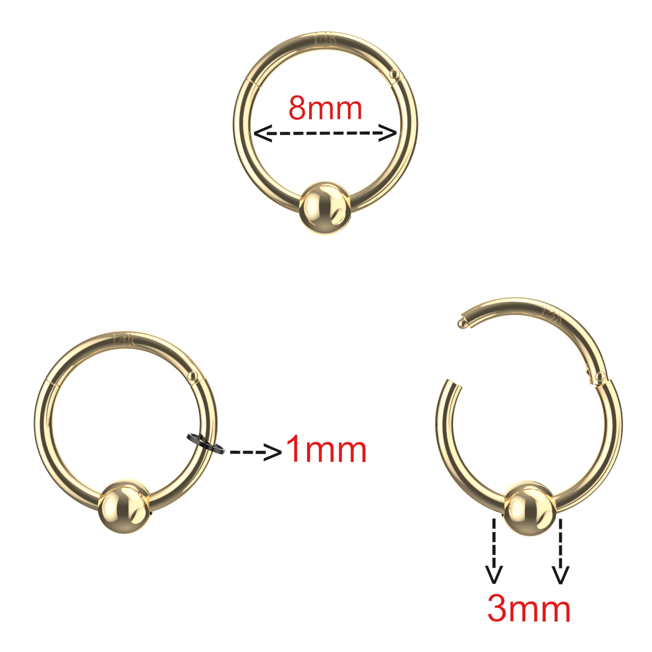 14K Gold Hinged Segment Clicker Ring with Plain Ball