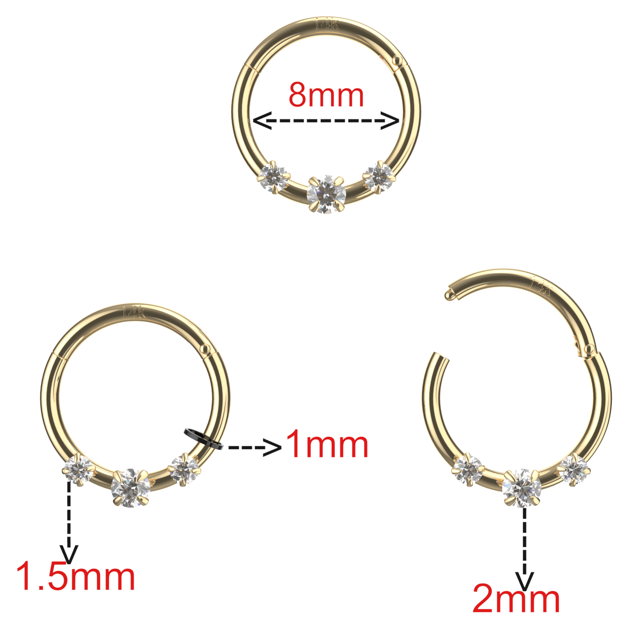14K Gold Triple CZ Hinged Segment Clicker Ring