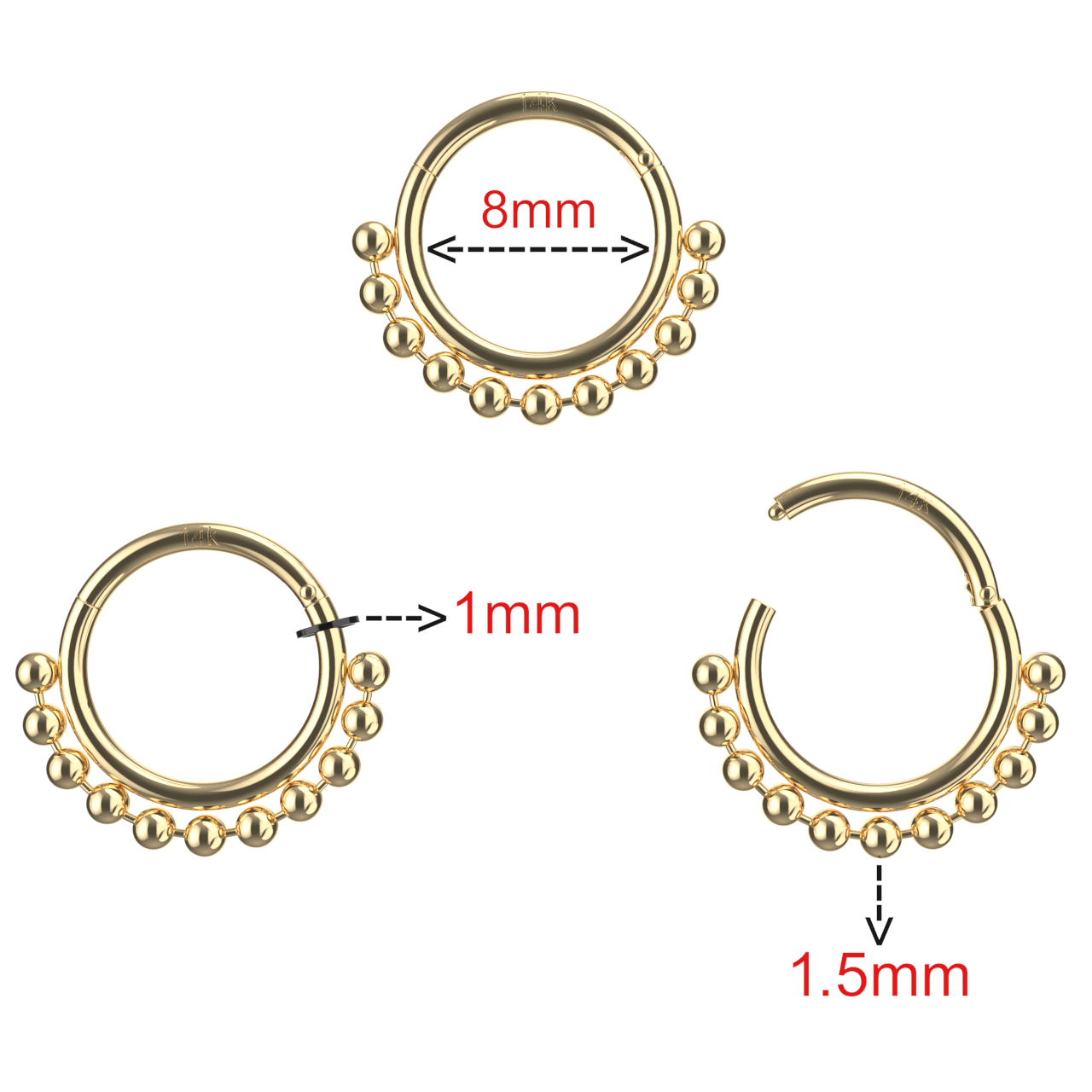 14K Gold Tribal Paved Balls Hinged Segment Clicker Ring