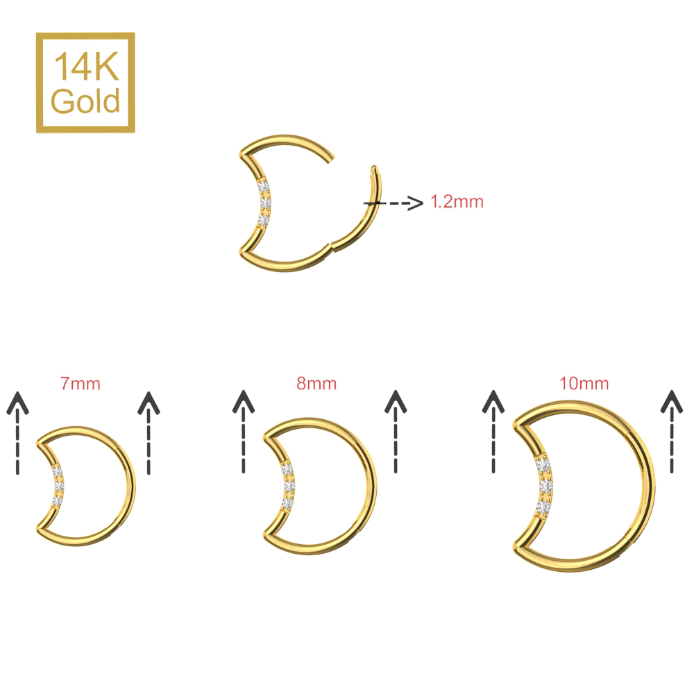 14K Gold Round CZ Jewelled Crescent Segment Clicker Ring