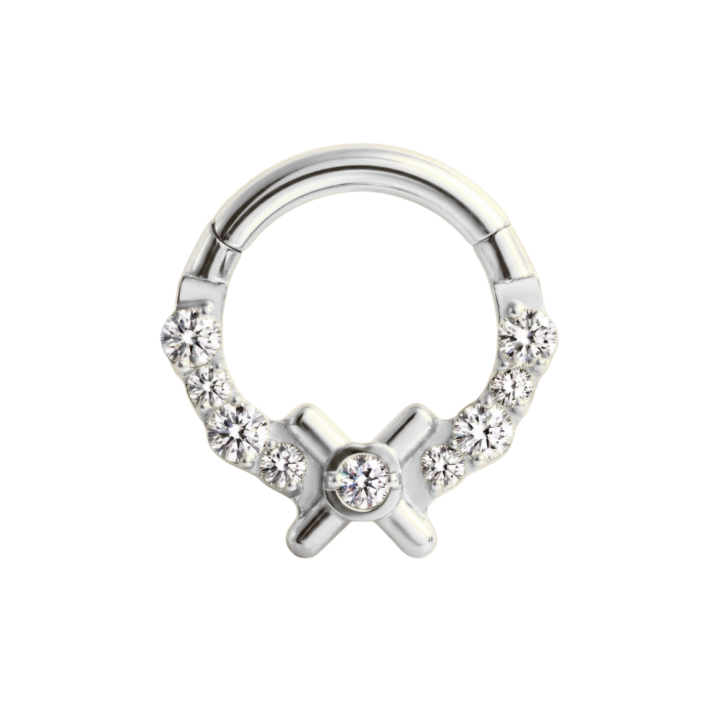 G23 Titanium Round CZ Cross Hinged Segment Clicker Ring