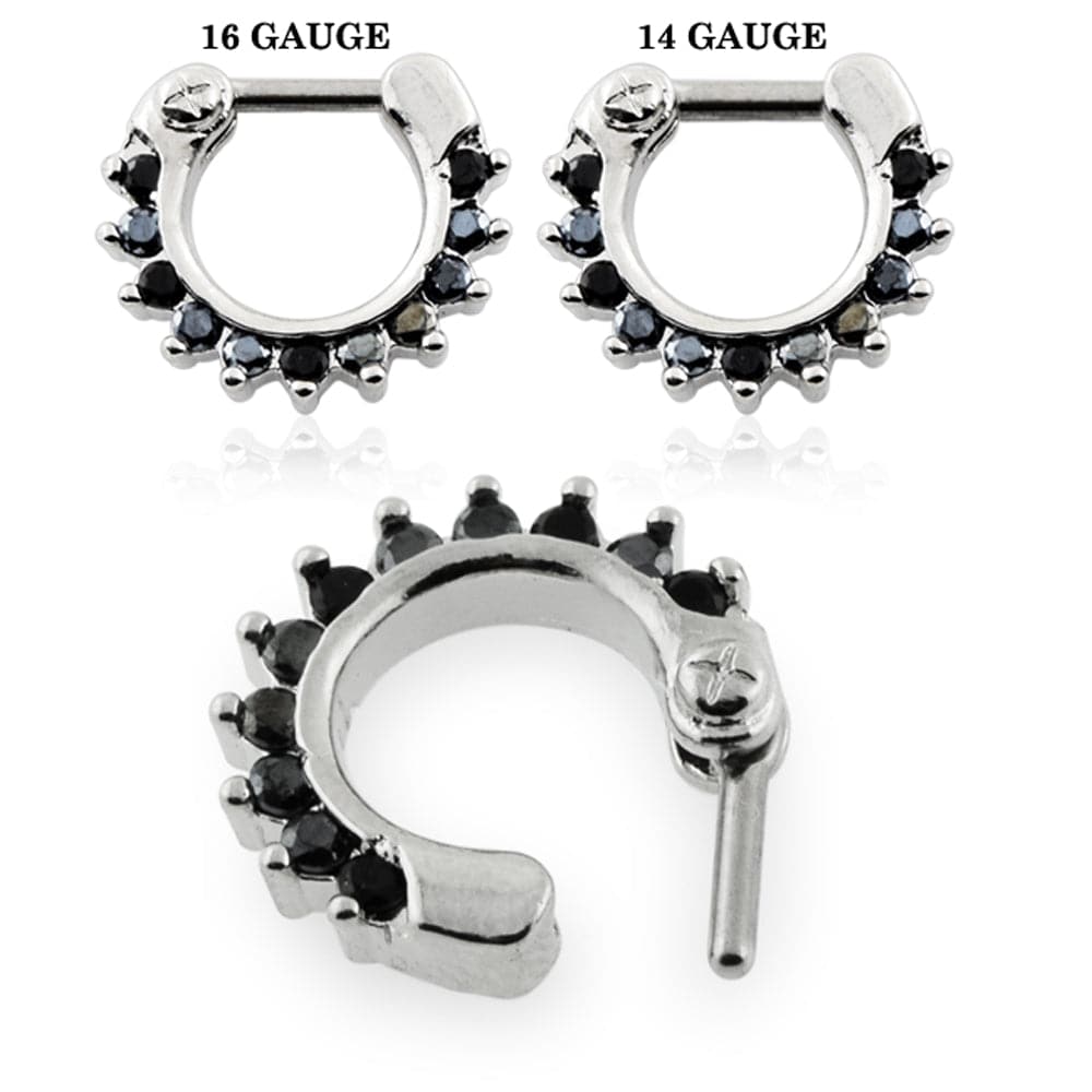 316L Surgical Steel Single Line Pronged Black CZs Septum Clicker