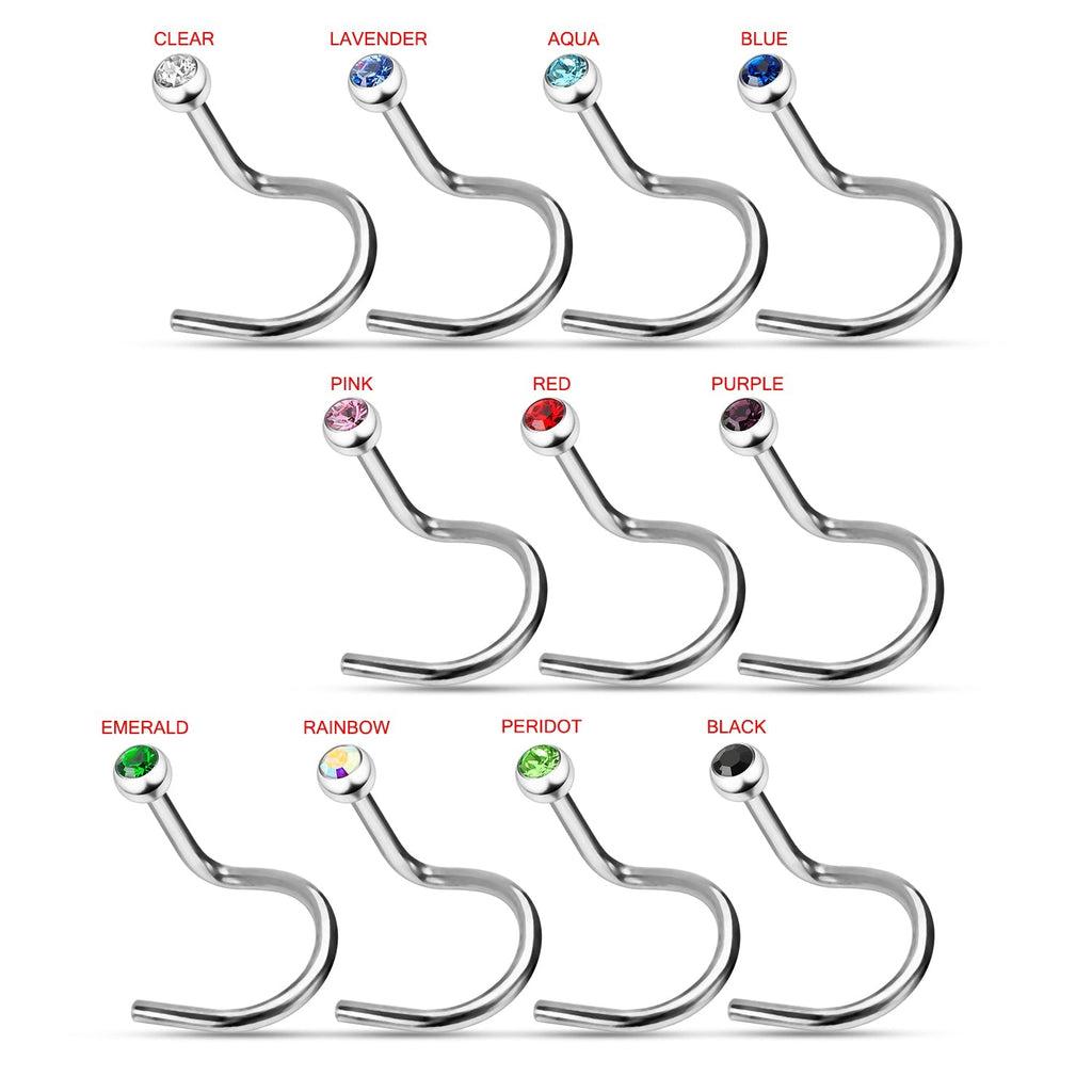 316L Surgical Steel Single Rhinestone Jewelled Screw Type Nose Pin