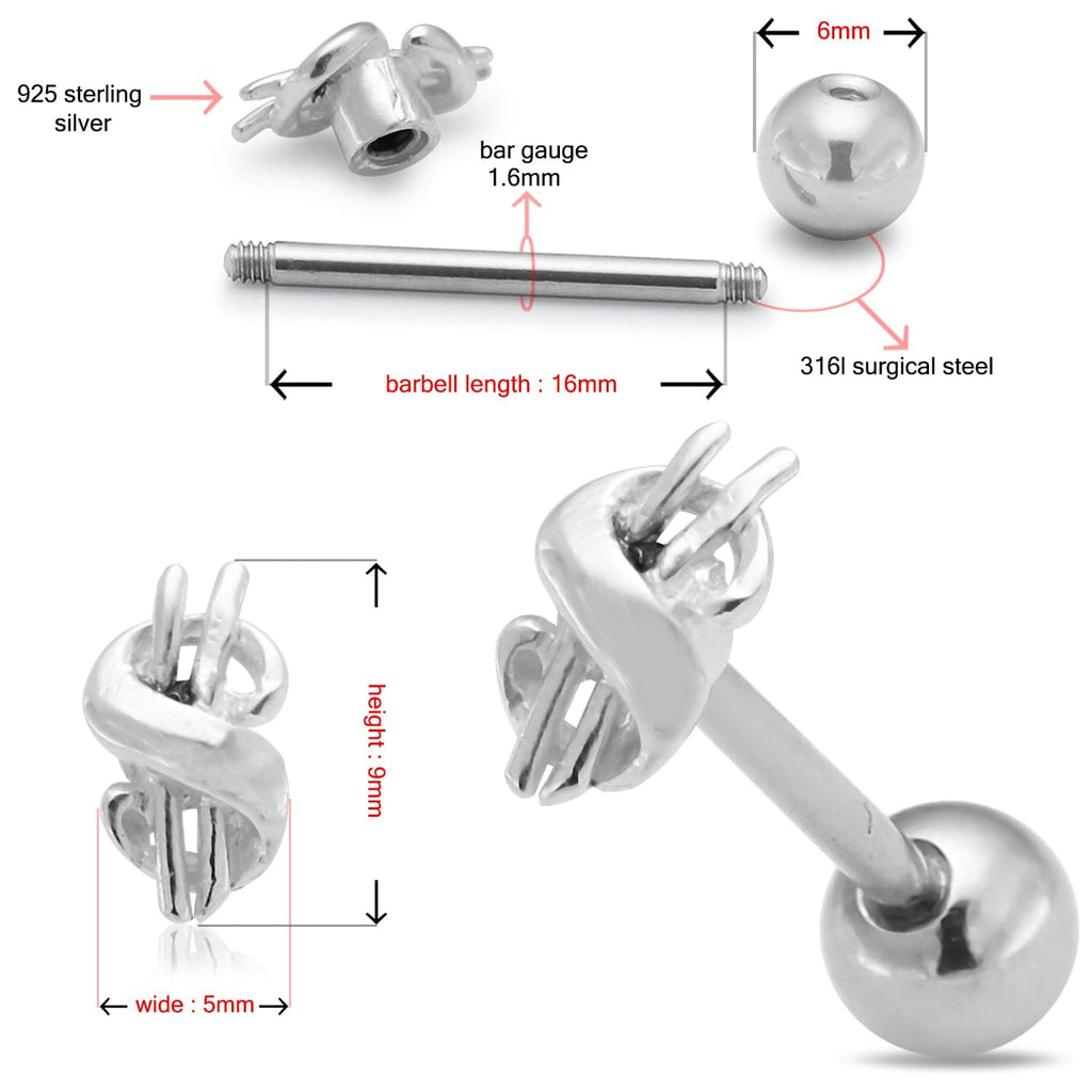 925 Sterling Silver Dollar Sign Tongue Ring