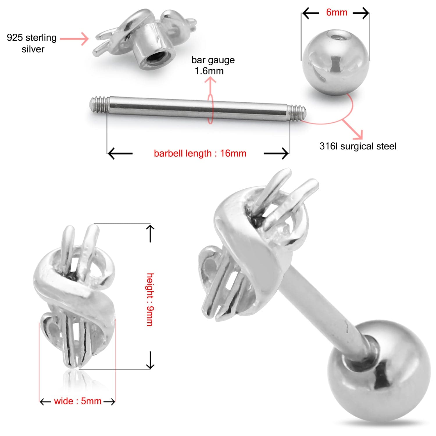 925 Sterling Silver Dollar Sign Tongue Ring