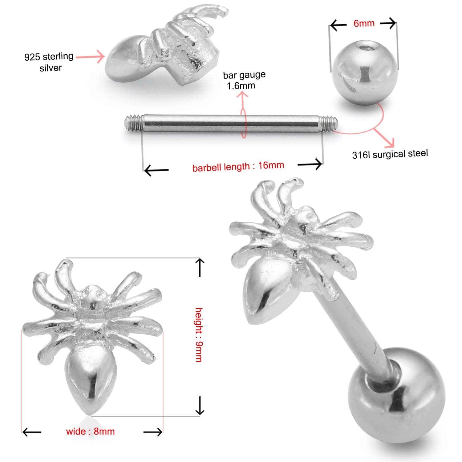 925 Sterling Silver Spider Tongue Ring