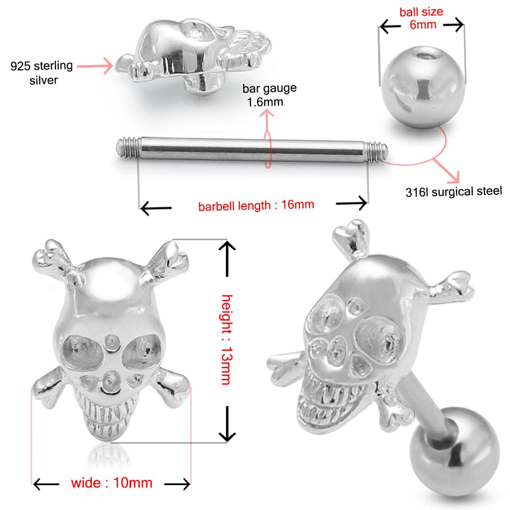 925 Sterling Silver Crossbone Tongue Ring