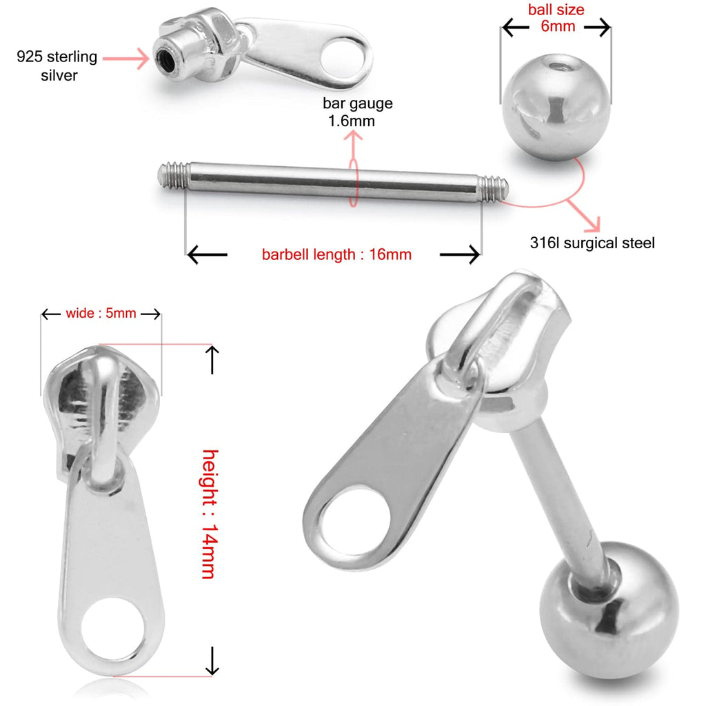 925 Sterling Silver Zipper Tongue Ring