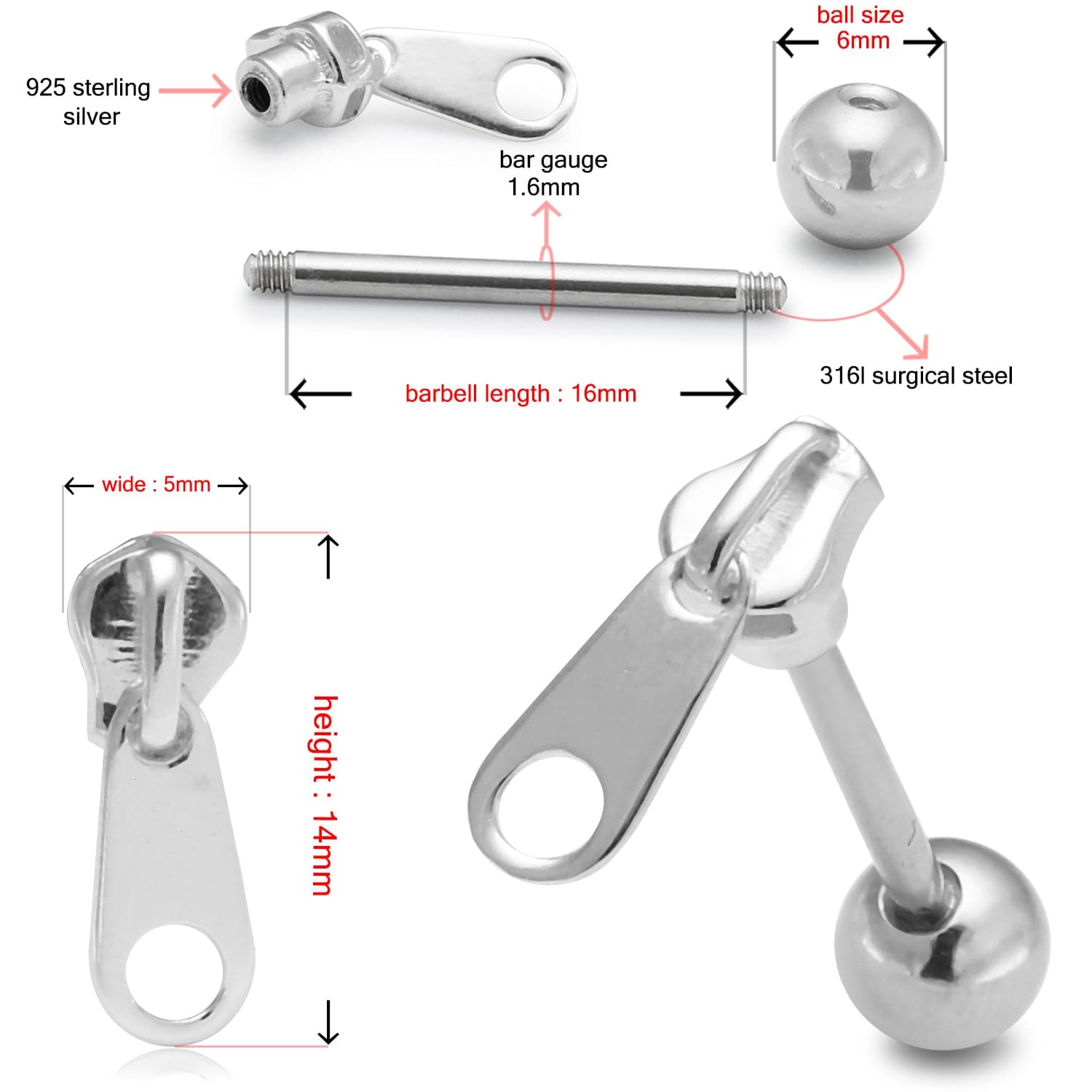 925 Sterling Silver Zipper Tongue Ring