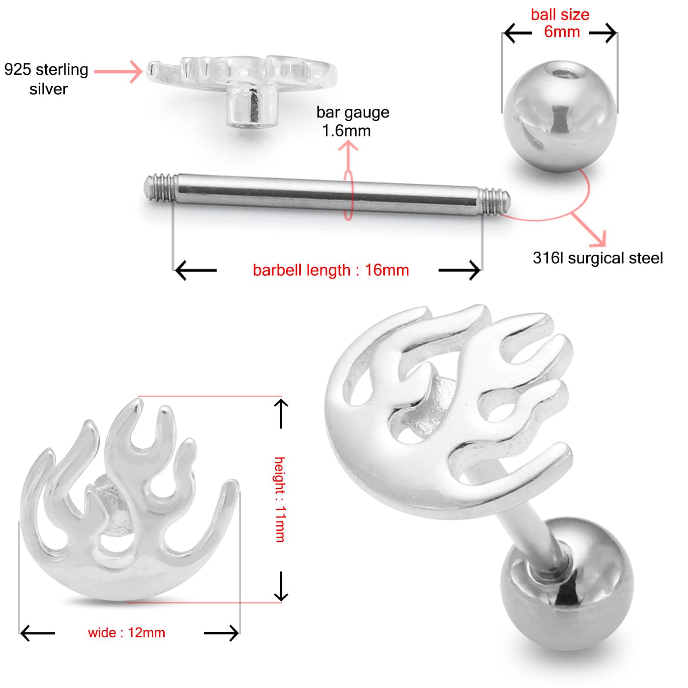 925 Sterling Silver Flames Tongue Ring