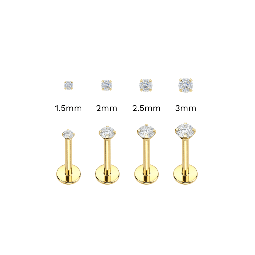 9K Gold Round Cubic Zirconia Jewelled Threadless Labret Pair