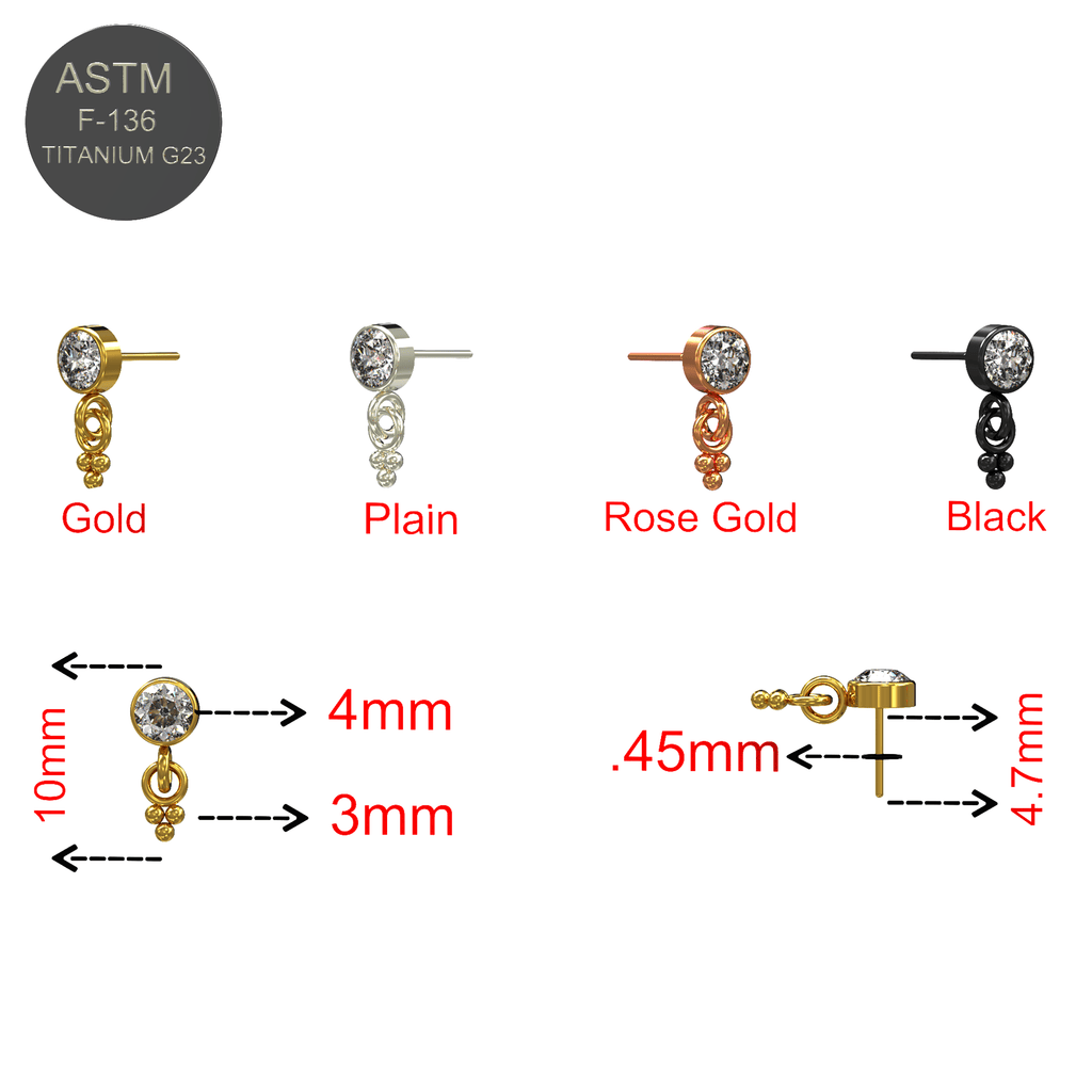 G23 Titanium Round CZ Jewelled Dangling Threadless Push-fit Top