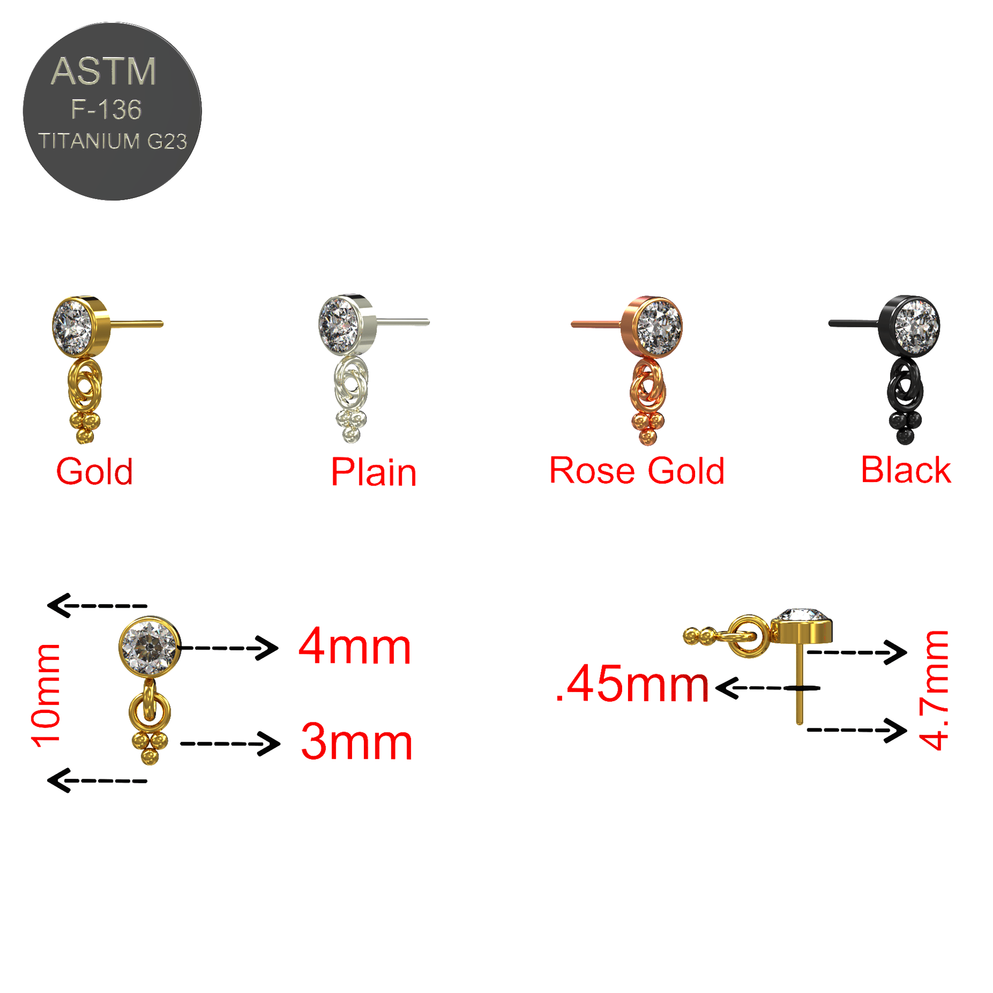 G23 Titanium Round CZ Jewelled Dangling Threadless Push-fit Top