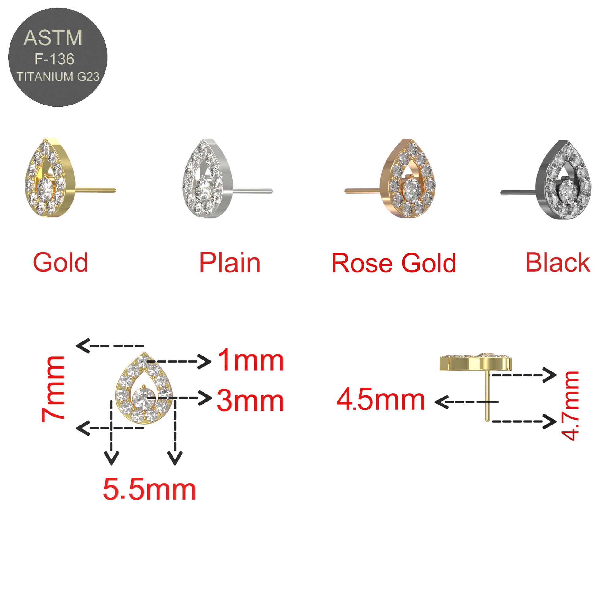 G23 Titanium CZ Jewelled Tear Drop Threadless Push-fit Top