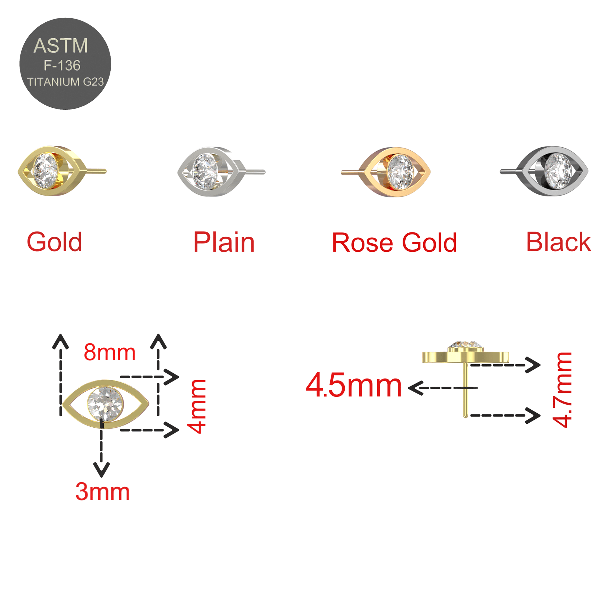G23 Titanium CZ Jewelled Eye Threadless Push-fit Top