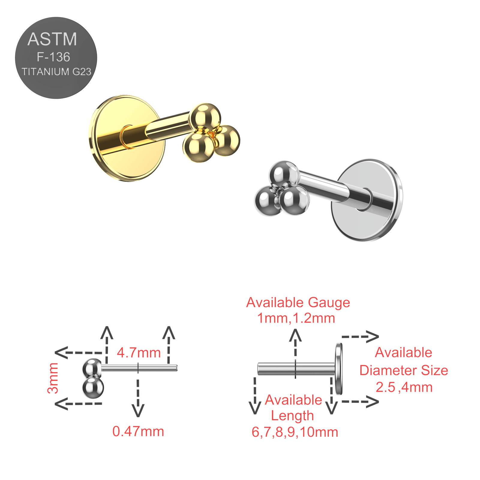 G23 Titanium Tri Ball Design Thread-less Push-Fit Flatback Stud