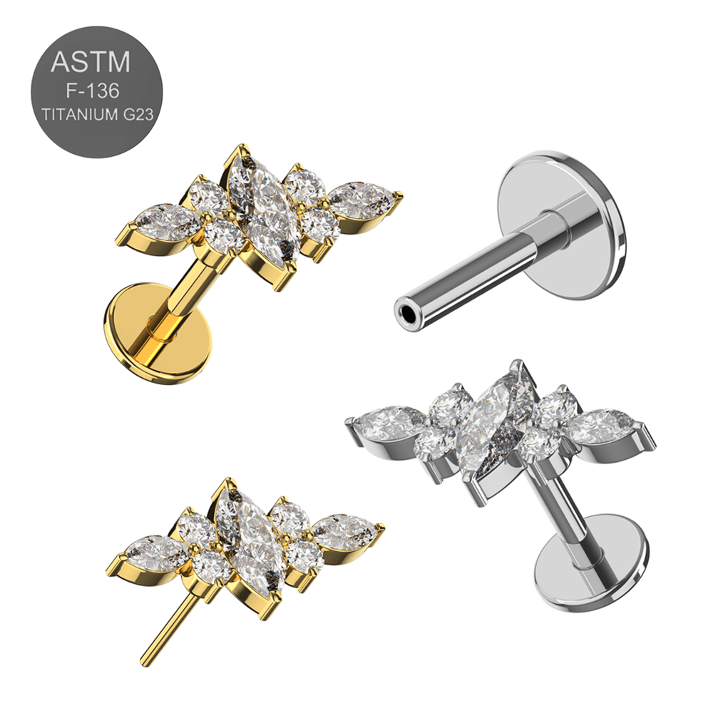 G23 Titanium CZ Jewelled Wings Design Thread-less Push-Fit With Flatback Stud