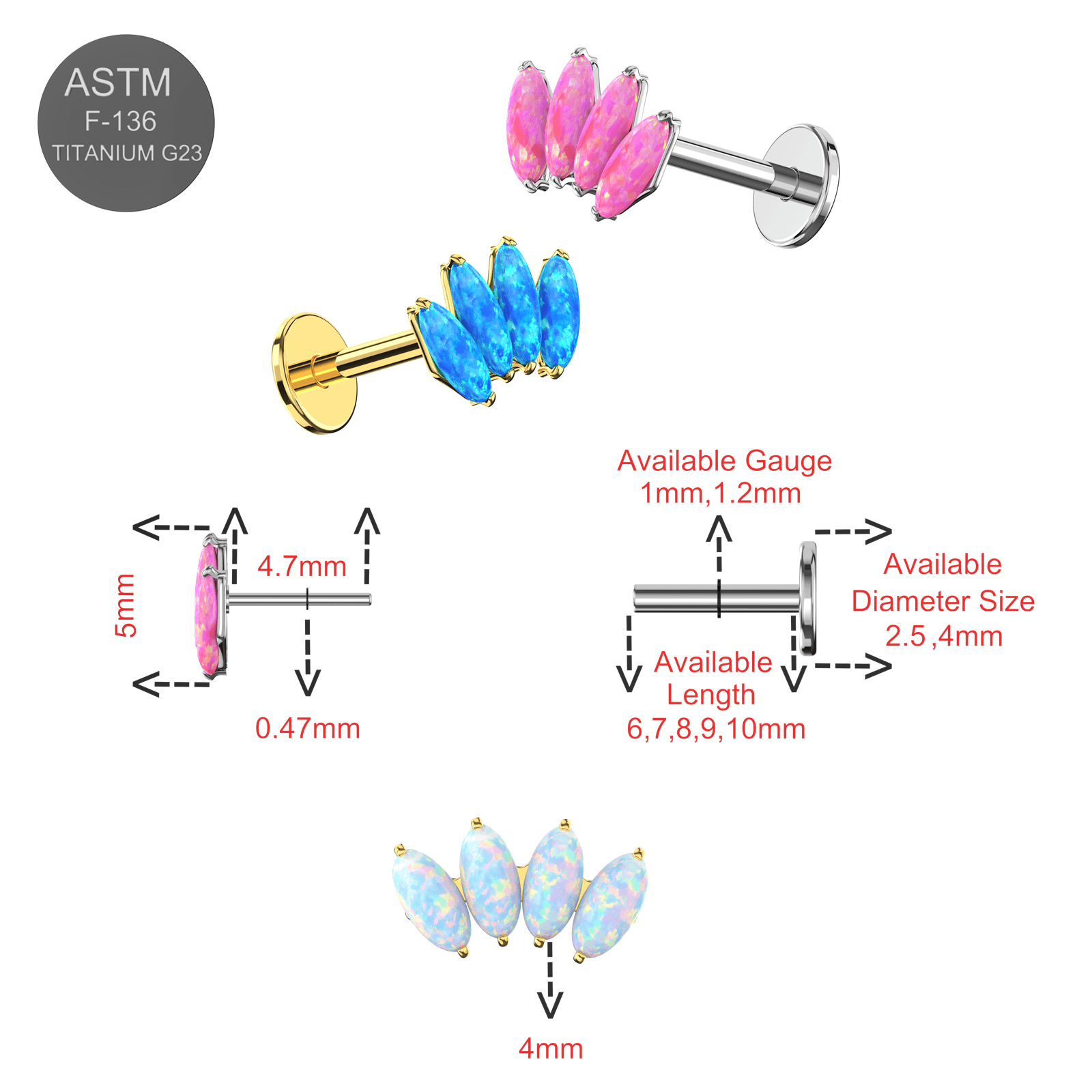 G23 Titanium Opal Marquise Jewelled Thread-less Push-Fit Top