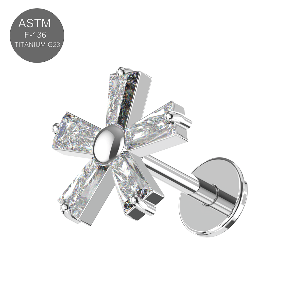 G23 Titanium CZ Jewelled Five Petal Flowery In Tapered Baguette Design Thread-less Push-Fit With Flatback Stud