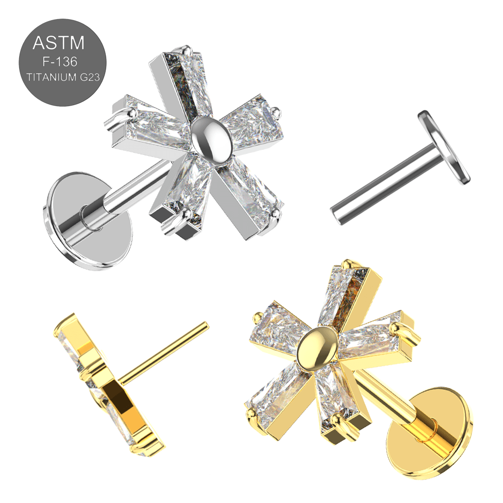 G23 Titanium CZ Jewelled Five Petal Flowery In Tapered Baguette Design Thread-less Push-Fit With Flatback Stud