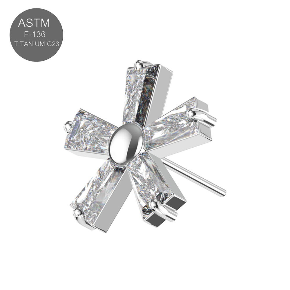 G23 Titanium CZ Jewelled Five Petal Flowery In Tapered Baguette Design Thread-less Push-Fit Top