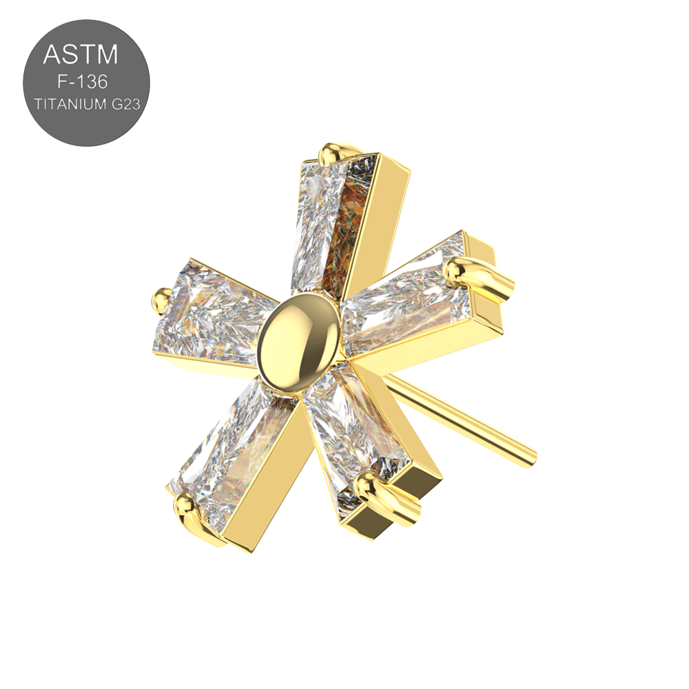 G23 Titanium CZ Jewelled Five Petal Flowery In Tapered Baguette Design Thread-less Push-Fit Top