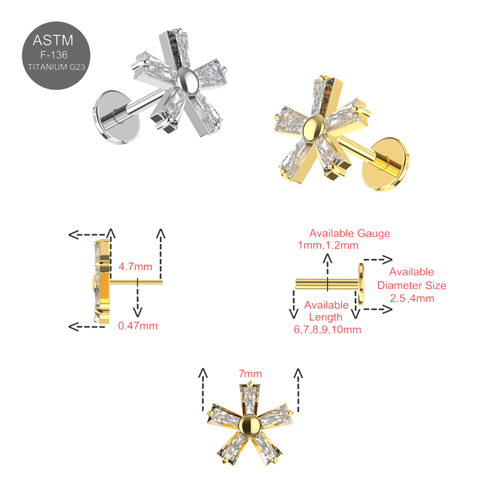 G23 Titanium CZ Jewelled Five Petal Flowery In Tapered Baguette Design Thread-less Push-Fit With Flatback Stud