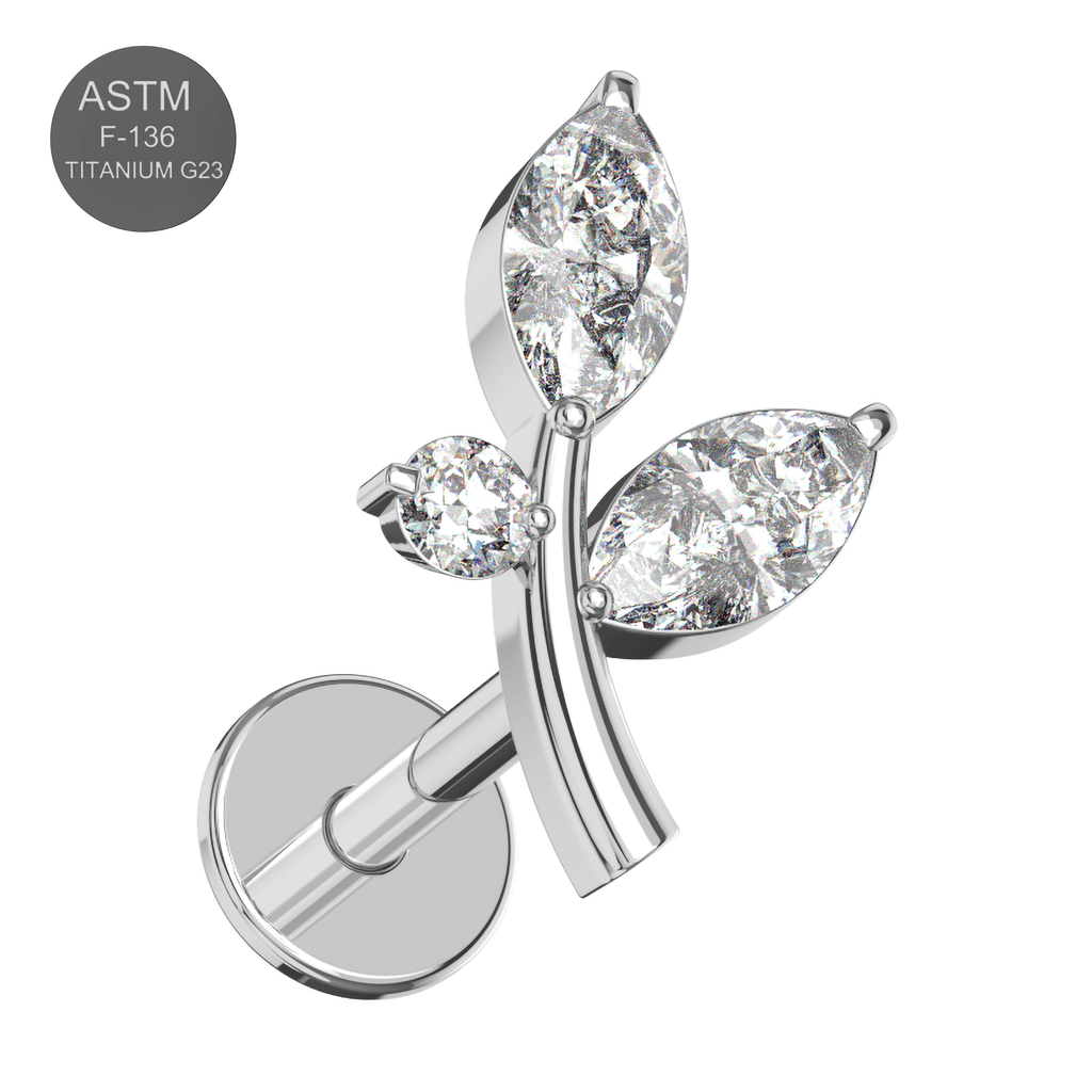G23 Titanium CZ Jewelled Stem And Leaf Design Thread-less Push-Fit With Flatback Stud