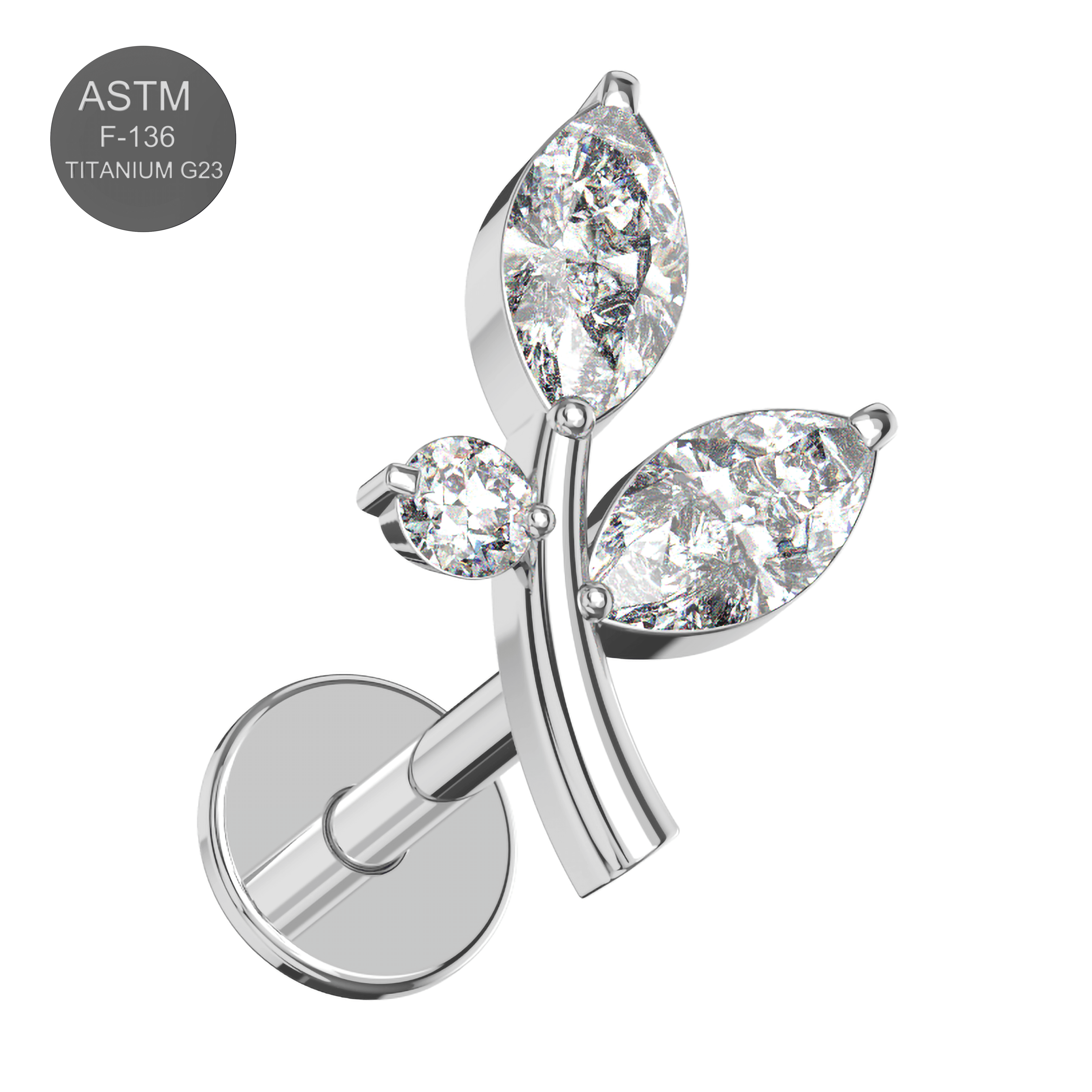 G23 Titanium CZ Jewelled Stem And Leaf Design Thread-less Push-Fit With Flatback Stud
