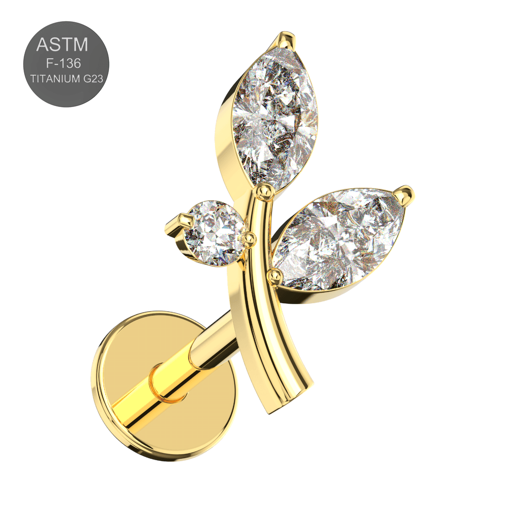G23 Titanium CZ Jewelled Stem And Leaf Design Thread-less Push-Fit With Flatback Stud