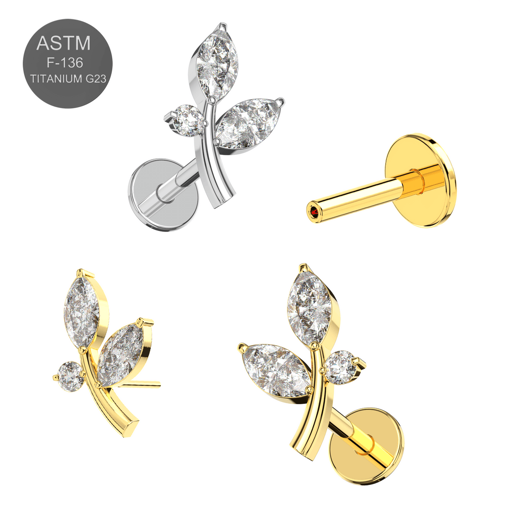 G23 Titanium CZ Jewelled Stem And Leaf Design Thread-less Push-Fit With Flatback Stud